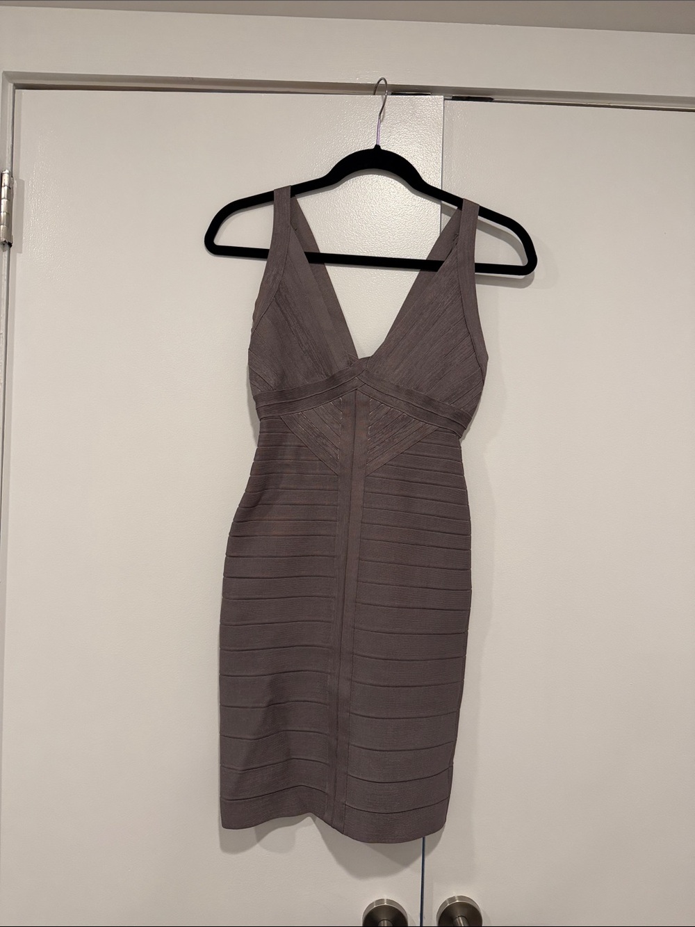 Herve Leger V-Neck Bodycon Dress in Mauve Gray